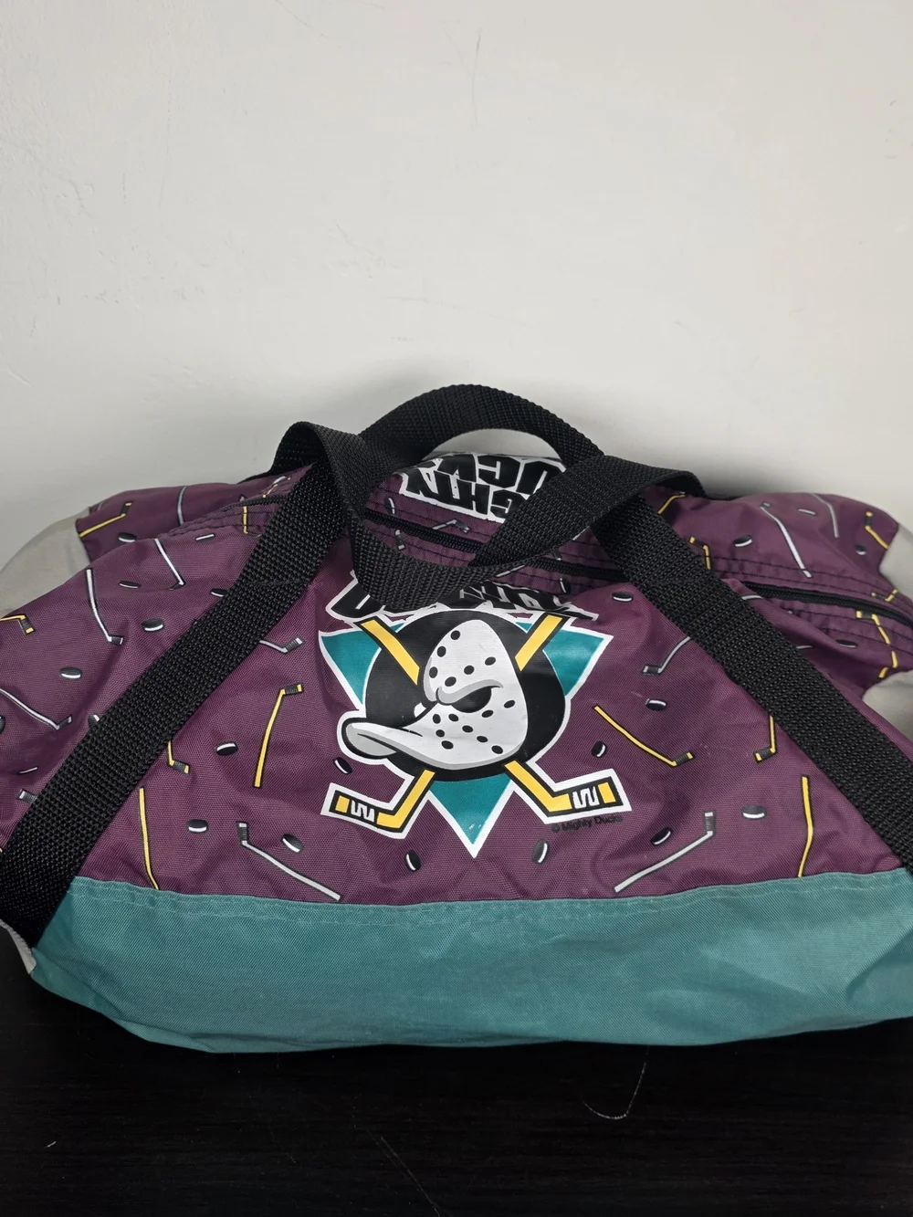 Vintage 90s Disney Mighty Ducks Purple Teal Duffel Bag Made USA